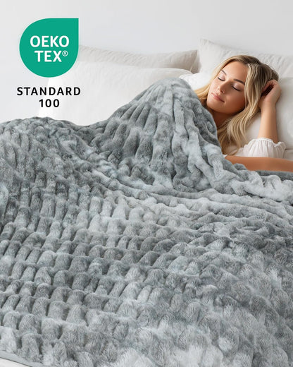 Faux Fur Blanket, Twin Size Oversized Throw Blanket for Couch, Fluffy Blanket with Stretch Ruched Design, Ultra Soft Giftable Home Decor, 60x80 inches, Tie-Dyed in Gray