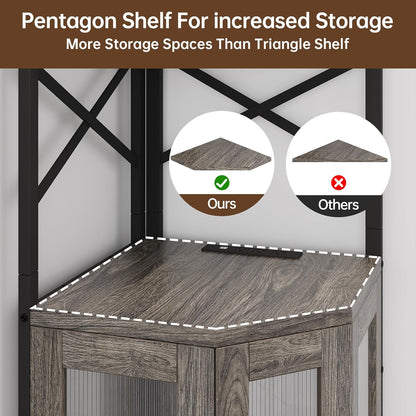 Corner Bar Cabinet with Power Outlet, 5-Tier Corner Wine Cabinet with Led Strip and Glass Holder, Industrial Tall Liquor Cabinet Bar Wine Rack for Home, Grey Oak