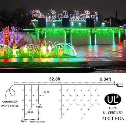 Green Christmas Lights Outdoor, 33ft 400 LED Icicle Lights for Outside House with Connectable Clear Wire 8 Modes Timer, Plug in Waterproof for Home Holiday Eaves Yard Party Room Indoor Decoration