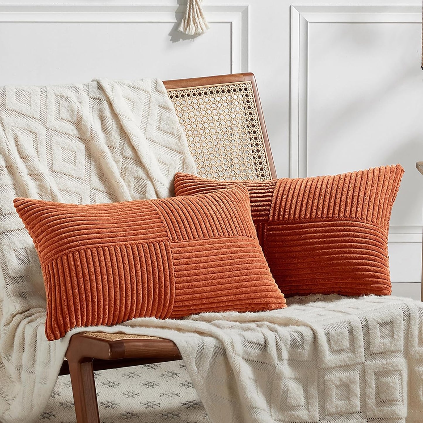 Fancy Homi Set of 2 Burnt Orange Long Lumbar Decorative Throw Pillow Covers 16x24 Inch for Living Room Couch Bed, Boho Farmhouse Fall Home Decor, Soft Corduroy Corss Textured Cushion Case 40x60 cm