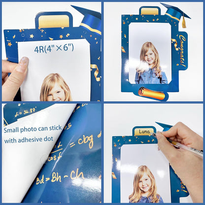 pinkblume Graduation Party Decorations Navy Blue and Gold Grad Photo Banner Royal Blue Gold Congrats Grad Photograph Bunting Garland for 2025 Graduation Celebration Party Decorations Supplies