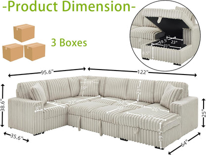 THSUPER 122-Inch Oversized U Shaped Plush Corduroy Fluffy Sectional Sleeper Sofa with Pull Out Bed, Storage Chaise Lounge and USB Charging Port - Beige