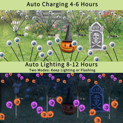 VOTTGO Halloween Solar Lights Outdoor, 8 Pack 48LED Scary Solar Eyeball Pathway Lights, 2 Modes Waterproof Swaying Solar Firefly Lights for Garden Yard Pathway Halloween Decorations, Purple + Orange