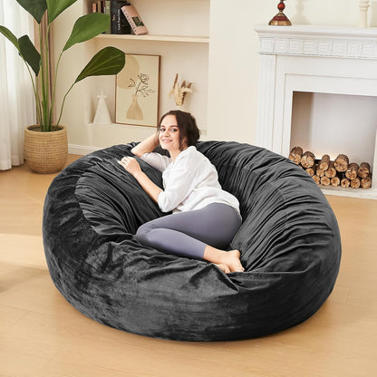 Bean Bag Chairs for Adults - Memory Foam Furniture BeanBag Chair - Kids/Teens Sofa with Soft Micro Fiber Cover - Round Fluffy Couch for Living Room Bedroom College Dorm - 5 ft, Carbon Black