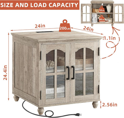 Farmhouse 24" End Table Set of 2 with Charging Station, Large Sofa Side Table with Glass Barn Door,Wood Night Stand with Adjustable Storage Shelf,Square Bedside Table for Living Room,Bedroom