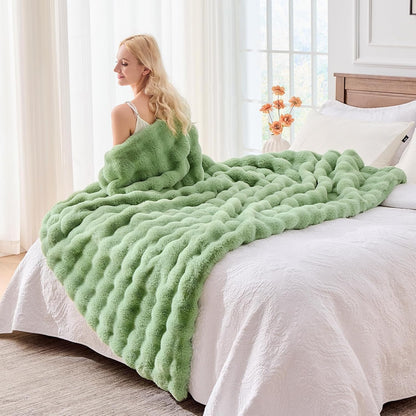 BENVWE Fluffy Faux Fur Throw Blanket for Couch, Soft Plush Thick Cozy Fuzzy Luxury Minky Bubble Blanket for Home Living Room Decor Gift for Women, Sage Green, 63" x 80", 1100GSM