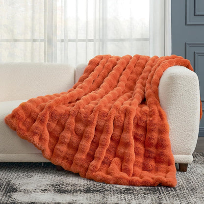 Cozy Bliss Faux Fur Throw Blanket for Couch, Fuzzy Soft Plush Thick Bubble Blanket for Sofa Bedroom Living Room, 50 * 60 Inches Burnt Orange