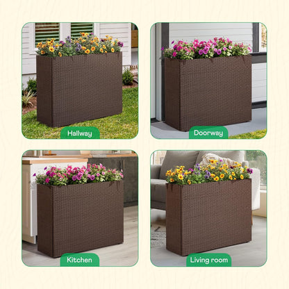 IDZO All Weather Wicker Planter Raised Garden Bed, 24 in Tall Round Rattan Flower Pots, Durable Self-Watering Indoor Outdoor Wicker Planters for Porch Patio Balcony