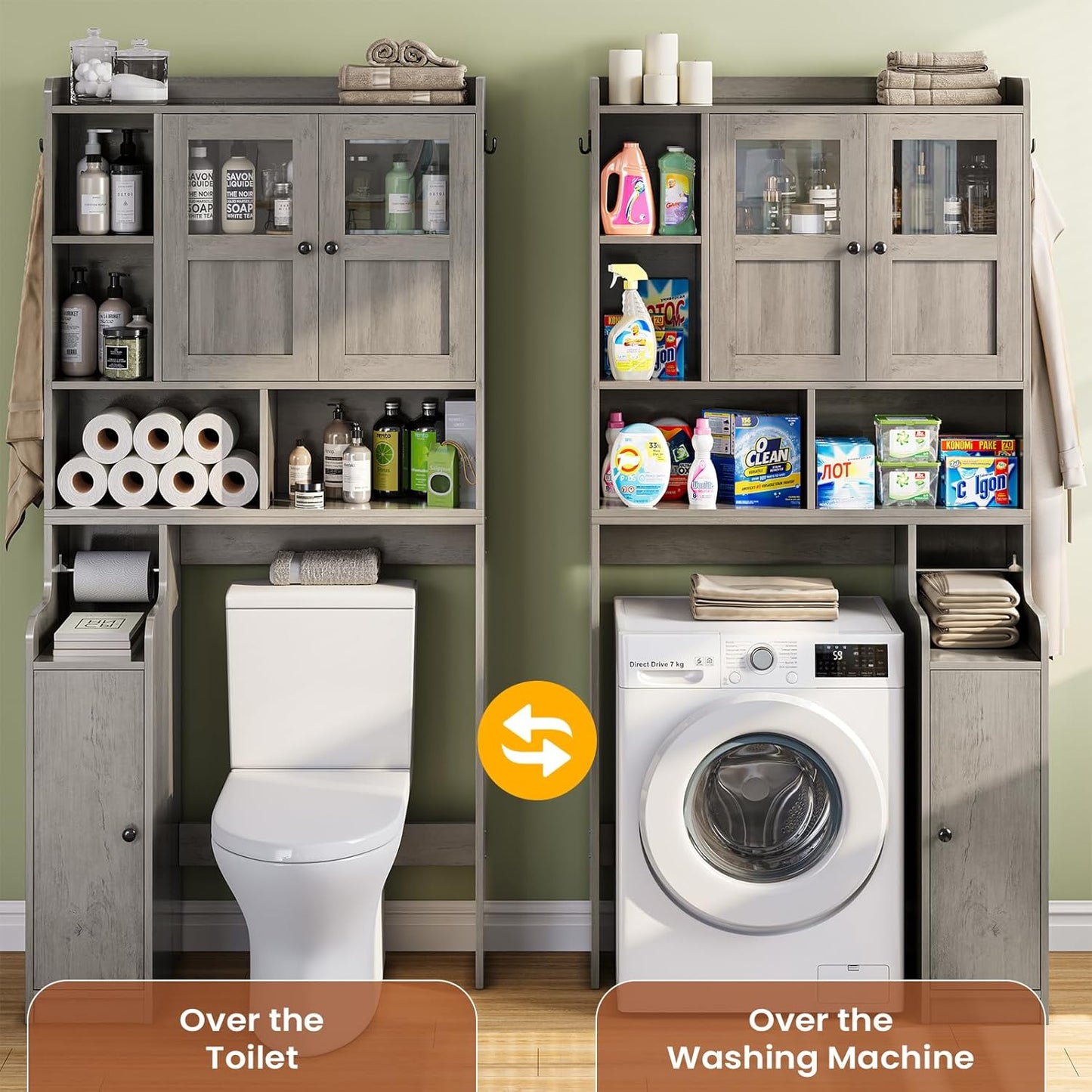 Itaar Over The Toilet Storage Cabinet, Over Toilet Bathroom Organizer with Glass Doors & Toilet Paper Holder Stand, Home Space-Saving Toilet Rack, for Bathroom, Restroom, Laundry, Grey