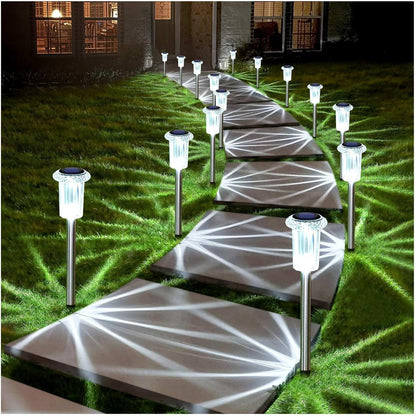 DenicMic Solar Lights Outdoor 10 Pack Waterproof 6000K Cold White LED Stainless Steel Stake for Pathway Yard Garden Driveway Solar Powered Outside Decor