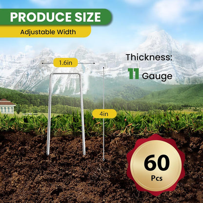 Landscape Staples Galvanized 4 Inch 60 Pcs, Metal Garden Stakes 1.6 Inch, Garden Staples for Lawn 11 Gauge