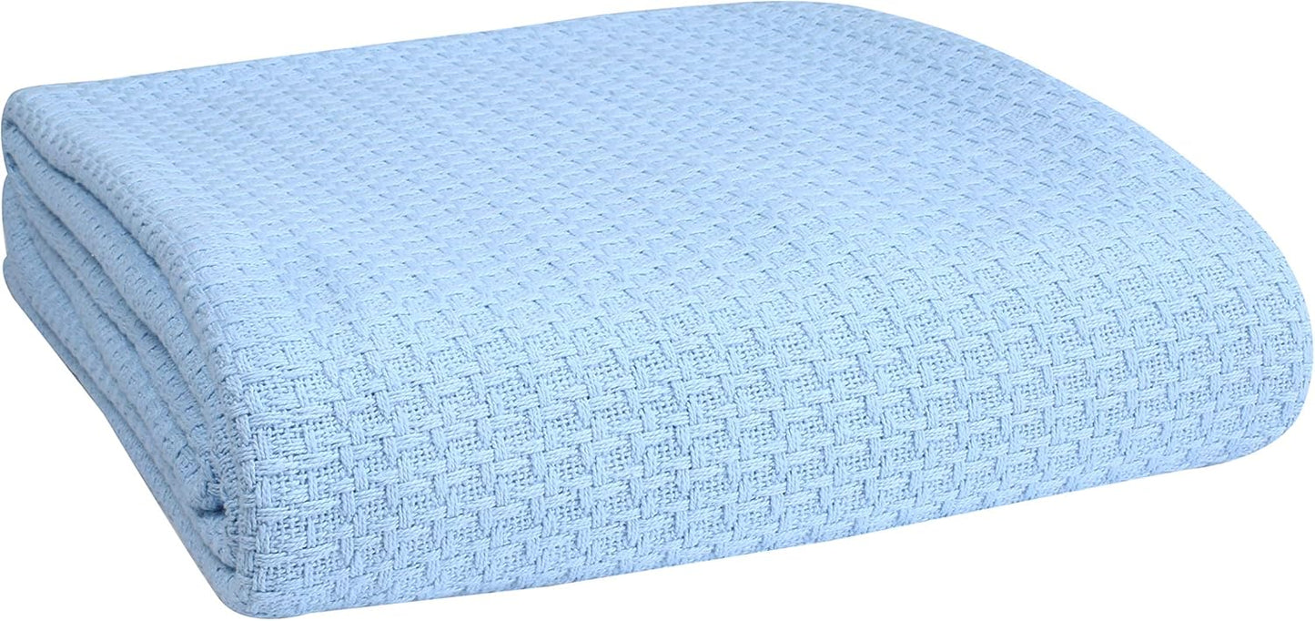 Elvana Home 100% Cotton Bed Blanket, Breathable Bed Blanket Twin Size, Cotton Thermal Blankets Twin, Perfect for Layering Any Bed for All Season, Light Blue