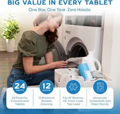 Clyrio Washing Machine Cleaner, 1-Year Supply of Washing Machine Cleaning Tablets, Great for Freshening Top and Front Loaders, 24 Concentrated Tablets