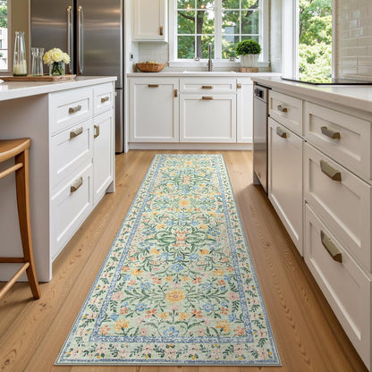 Wonnitar Washable Runners for Hallways, 2'6''x8' Floral Green Runner Rug for Kitchen Bathroom, Boho 8ft Non Silp Extra Long Rugs for Entryway Bedroom Laundry