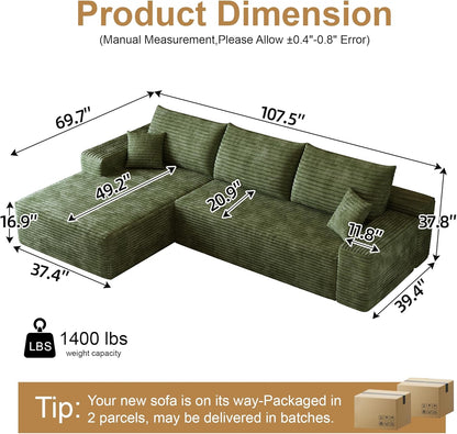 108" Sectional Couches for Living Room Modern Modular Sofa with L-Shape Couchs Upholstered Boneless Couch Deep Seat Sectional Couch with Chaise (Green, Left Facing Chaise+2Seaters)