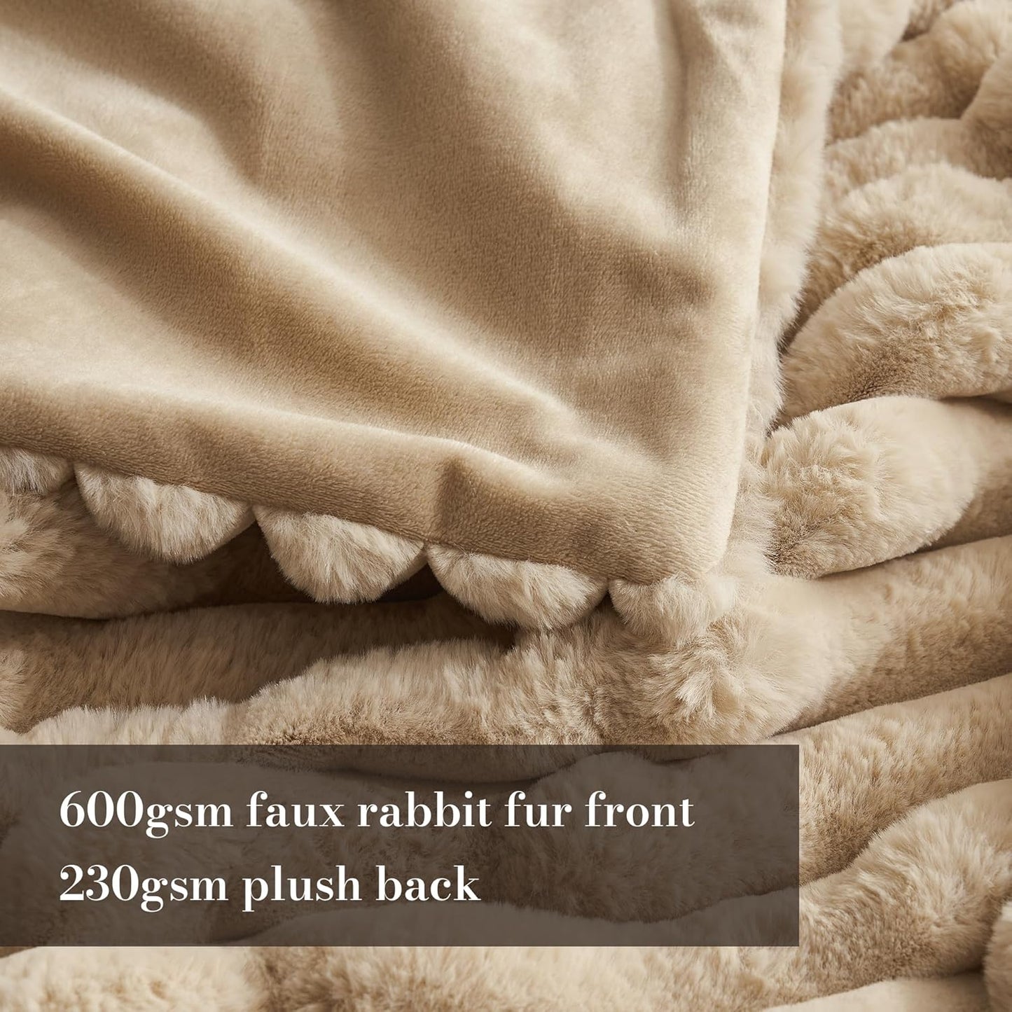 Amélie Home Faux Fur Throw Blanket for Couch, Cozy Fuzzy Fluffy Fur Luxurious Soft Striped Plush Gift Blankets for Family Sofa Chair Bed Living Room Bedroom, 55"x70", Beige