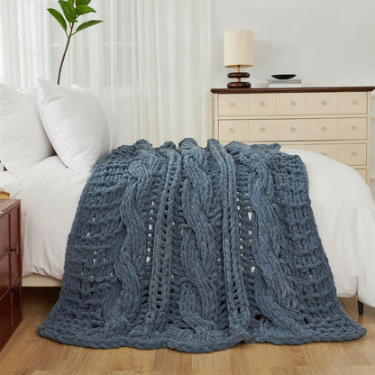 Esterra Chunky Knit Blanket Throw 50"x60", 100% Hand Knitted Chenille Throw Blanket, Cozy Soft Thick Cable Knit Throw Large Rope Knot Crochet Throw Blanket for Sofa Couch Bed, Blue Mirage