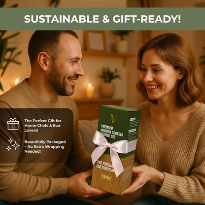 Vasilek Wooden Cooking Utensils Set – 12-Piece Acacia Wood Kitchen Utensil Set with Square Holder & Spoon Rest, Non Toxic Wooden Tools for Nonstick Cookware, Spatula, Ladle, Serving Spoon