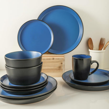 Stone Lain Albie Stoneware 16-Piece Modern Dinnerware Set, Kitchen Plates and Bowls Sets, Dish Set for 4, Blue and Black