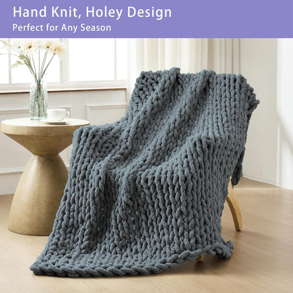 Bigacogo Chunky Knit Throw Blanket for Couch, 40x60 inches, 100% Hand Knitted with Thick Jumbo Chenille Yarn, Cozy Soft Large Rope Knot Cable Crochet Blankets for Sofa Bed Living Room, Iron Gray