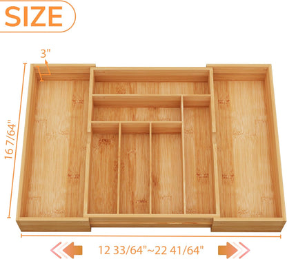 BAMEOS 3" Deepth Expandable Drawer Organizer, Deep Flatware Organizer, Adjustable Silverware Organizer, Bamboo Drawer Organizer for Kitchen, Bathroom (Natural)