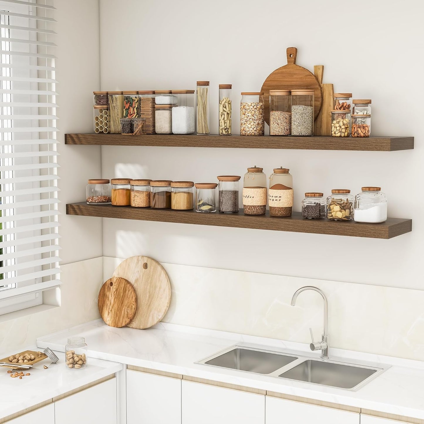 RICHFOCUS 72Inch Floating Shelves for Wall 2 Pack Shelves for Bedroom|Kitchen|Bathroom Wall Mounted Rustic Wood Floating Shelf with Invisible Brackets for Books|Storage|Decor, Walnut