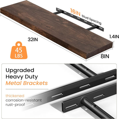 Floating Shelves for Wall, 32" Flat Edge Solid Elm Wood Floating Shelf, Wall-Mounted Display Shelves with Invisible Heavy-Duty Metal Bracket, Floating Shelf for Kitchen (Wanlut, Set of 2)