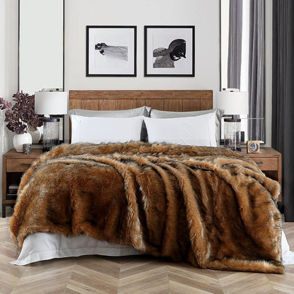 Luxury Plush Faux Fur Blanket King Size, Long Pile Brown with Black Tipped Throws, Oversized Super Warm, Fuzzy, Elegant, Fluffy Decoration Throw Blanket for Sofa, Armchair, Couch and Bed, 104"x90"