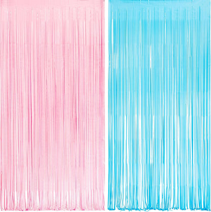 Pink and Blue Party Photo Backdrop - GREATRIL Foil Fringe Tinsel Streamers for Pastel/Easter/Birthdays Party Decorations - 3.2ft X 8.2ft - 2 Packs