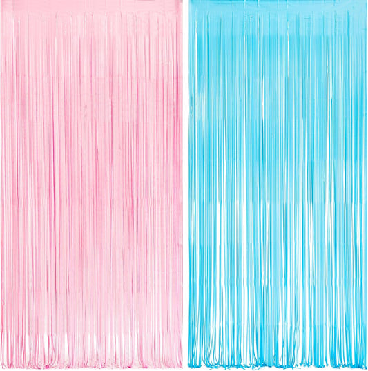 Pink and Blue Party Photo Backdrop - GREATRIL Foil Fringe Tinsel Streamers for