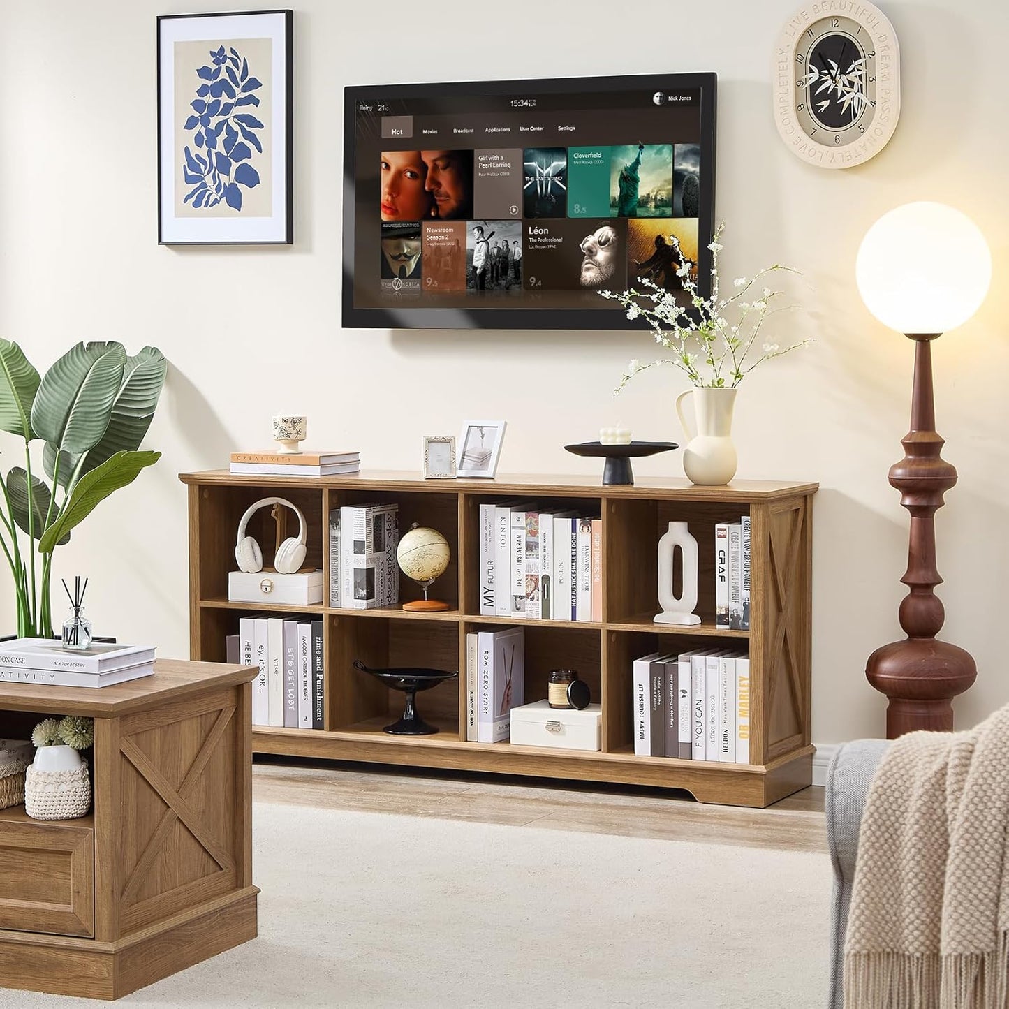 Farmhouse 8 Cube Bookshelf, Storage Organizer Bookcase, Kids Toy Storage Cabinet, Long Bookshelves Storage Organizer Shelf, Wood Display Cabinet Book Shelves for Bedroom,Living Room, Natural Oak