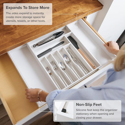 Premium Silverware, Flatware and Utensil Organizer for Kitchen Drawers, Food-Safe Contract Grade, Expandable from 14.5 to 25 In, White Bamboo