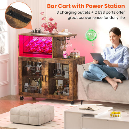 Wine Bar Cabinet with Wheels, Small Liquor Cabinet with LED Light, Home Bar Cart with Power Outlets, Coffee Bar with Wine Rack, Glasses Storage for Kitchen, Dining Room, Living Room, Vintage