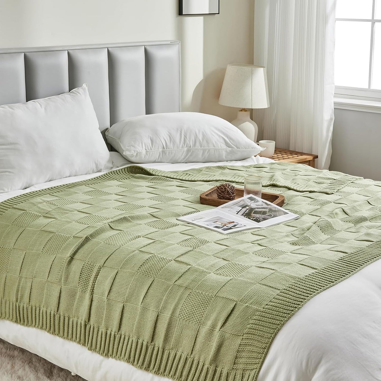 CozeCube Check Knit Throw Blanket, Sage Green Checkered Throw for Couch, Decorative Christmas Soft Cozy Warm Knitted Blanket for Bed Sofa Living Room, 60"X80"