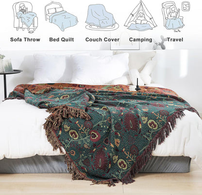 MSGKV Boho Throw Blanket for Couch and Sofa Cotton Blankets for Living Room Bedroom Reversable Florals Throw 60"x80" Breathable Cozy Blankets