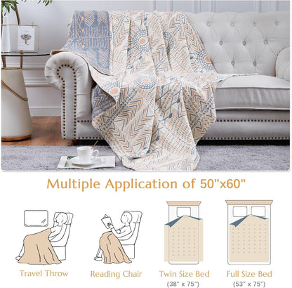 jinchan Boho 100% Cotton Muslin 50x60 Throw Blanket Lightweight 4-Layer Orange Multi Reversible Blanket Washable Breathable Decorative Geometric Striped Pattern Soft Comfy for Couch Bed All Seasons