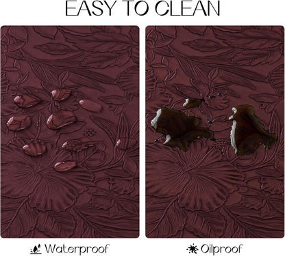 Romanstile Vinyl Placemats Set of 8-12 X 18 Inch - Heat Resistant Non-Slip Embossed Floral Place Mats 100% Waterproof Oilproof Wipeable Faux Leather Table Mats for Kitchen/Dining/Party, Burgundy