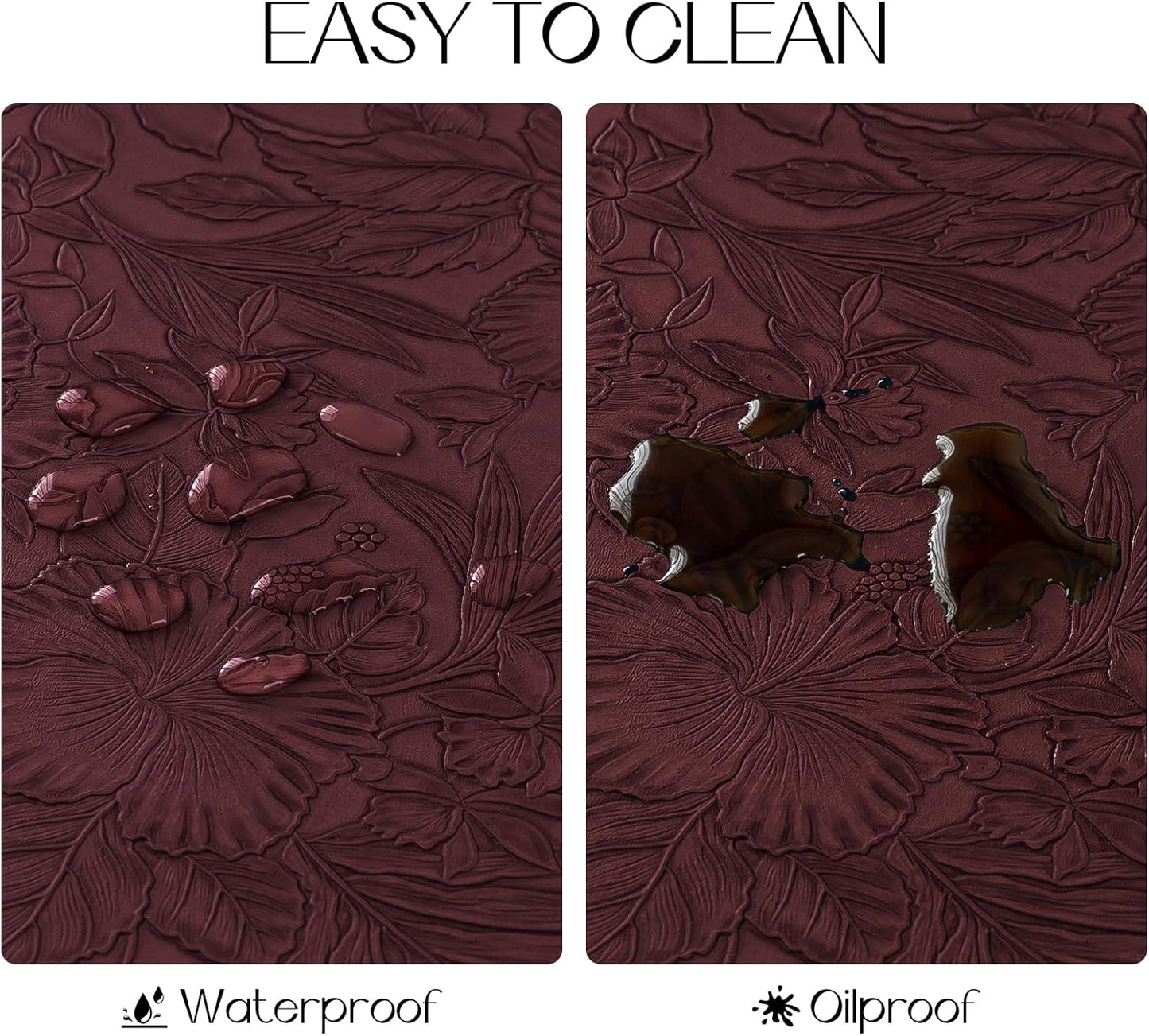 Romanstile Vinyl Placemats Set of 6-12 X 18 Inch - Heat Resistant Non-Slip Embossed Floral Place Mats 100% Waterproof Oilproof Wipeable Faux Leather Table Mats for Kitchen/Dining/Party, Burgundy