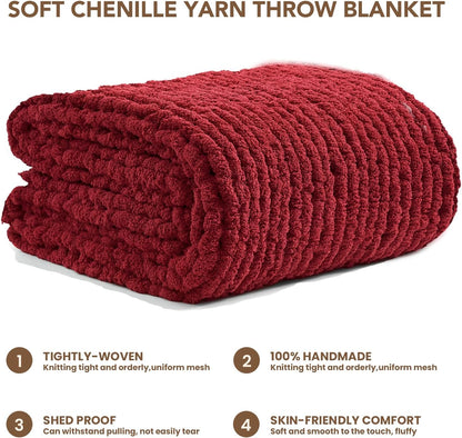 L'AGRATY Chunky Knit Blanket Throw: 50''x60'' Chenille Chunky Knitted Throw Blankets for Bed Couch - Handmade Thick Cable Knit Blanket - Large Crochet Rope Blankets for Home Decor(Maroon Red)
