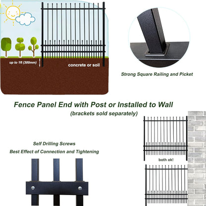 Metal Fence Panels with Dog Pickets, 6ft H x 6.5ft W Galvanized Steel Fence DIY Installation for Outdoor Garden Fence incl. 1 Fence Post, Wrought Iron Style Steel Fence, Black (Upgraded)