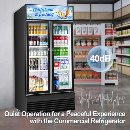 Tylza Commercial Refrigerator, Double Glass Door Display Beverage Fridge, 28.1 Cu Ft Upright Beverage Cooler Merchandiser with Replaceable Advertising Light Board, Rebound Door, Fast Cooling, Black