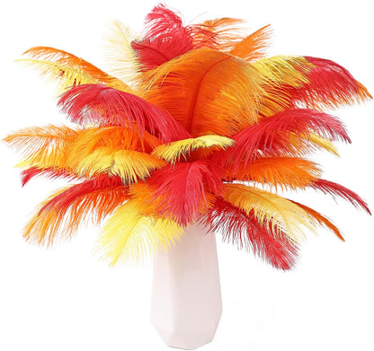 THARAHT Red Orange Yellow Ostrich Feathers 12pcs Natural Bulk 8-10Inch 20cm-25cm for Crafts Wedding Party Centerpieces Halloween and Home Decoration Feathers