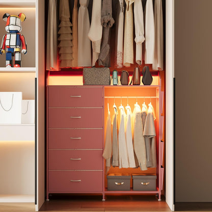 LUMTOK 2-in-1 Dresser with Hanging Racks,5 Fabric Drawers Dressers with LED Lights, Charging Station for Bedroom Living Room, Entryway, Closets (Pink)