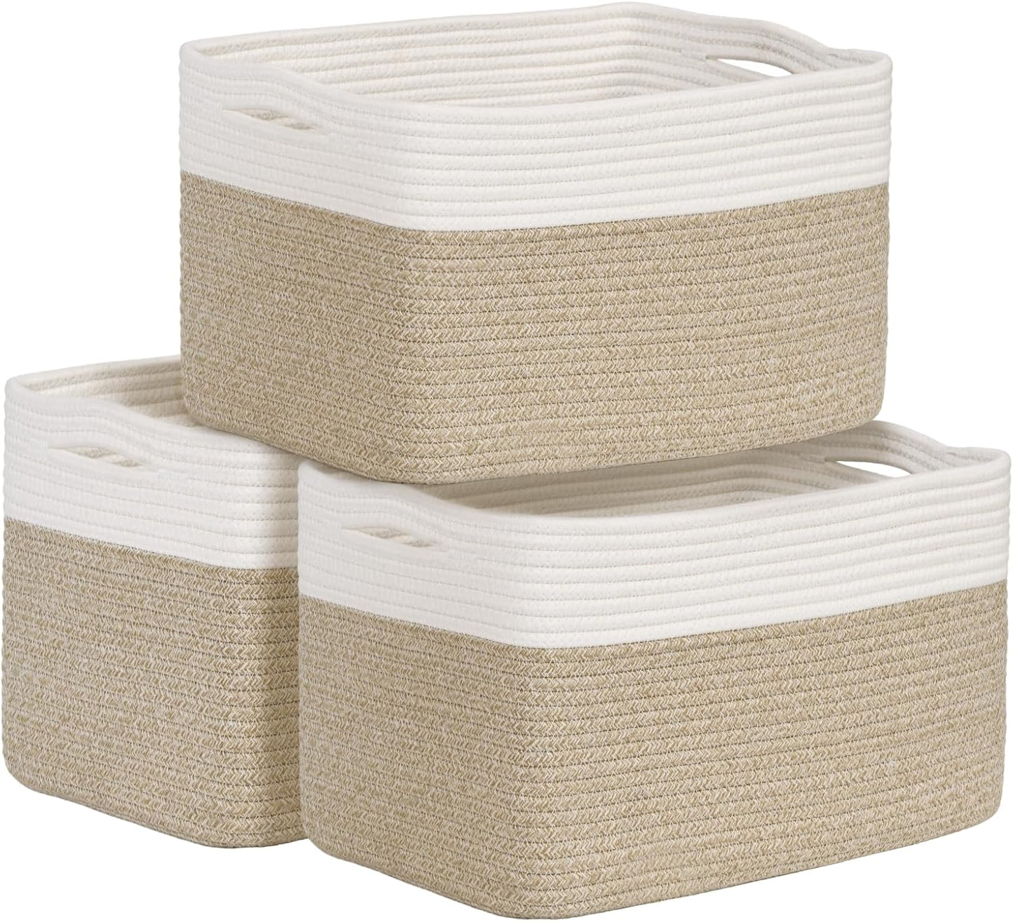 Shelf Baskets for Organizing, Woven Storage Basket for Shelves, Cotton Rope Storage Bins for Toys Books, Nursery Towel Baskets for Classroom, 14.96"X9.8"X8.85", 3-Pack White/Brown