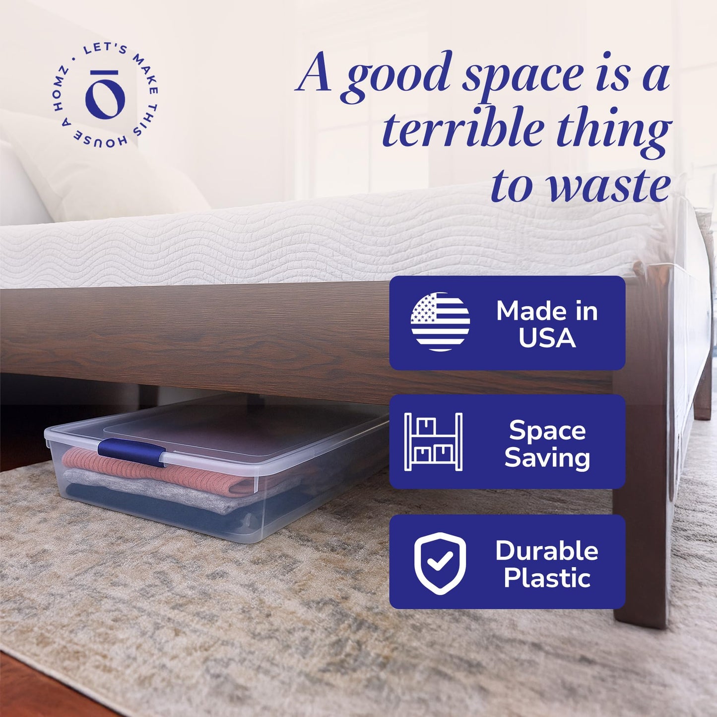HOMZ Under Bed Clear Plastic Storage Bin w/Lid, 60 Qt, Blue Latch, 2 Pack