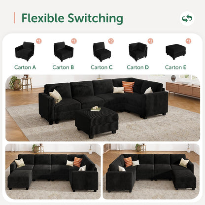 HONBAY Plush Corduroy Sectional Couch with 6 Seaters U-Shaped Modular Sectional Sofa with Storage Sectional Couches for Living Room, Black