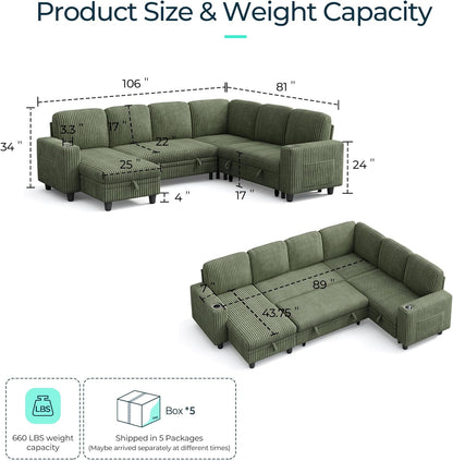 LINSY HOME Sectional Sleeper Sofa with Pull Out Couch Bed Convertible Plush Corduroy Cloud Couch with Storage Chaise & USB Charging, Comfy Modular Couches for Living Room (Green)