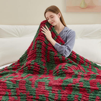Chunky Knit Throw Blanket, 40''*50'' Knitted Throw Chenille Yarn for Bed Couch, Handmade Stripe Crochet Big Thick Blanket, Machine Washable Cute Comfy Blanket for Home Decor