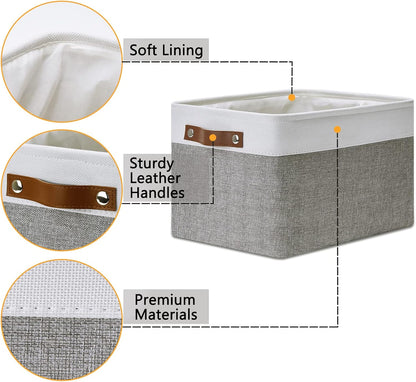 DULLEMELO Fabric Baskets for Storage, Office, Home,Nursery,Organizing Baskets for Shelves, Bedroom, Toys,Gift,Fabric Storage Basket with Handles(White&Grey,15"x11"x9.5",4-Pack)