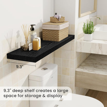 36 Inch Floating Shelves, 9.3 Inch Deep Rustic Wall Shelves - Extra Deeper Wall Mounted Storage Shelves for Bathroom, Kitchen, Living Room (Black, Set of 2)